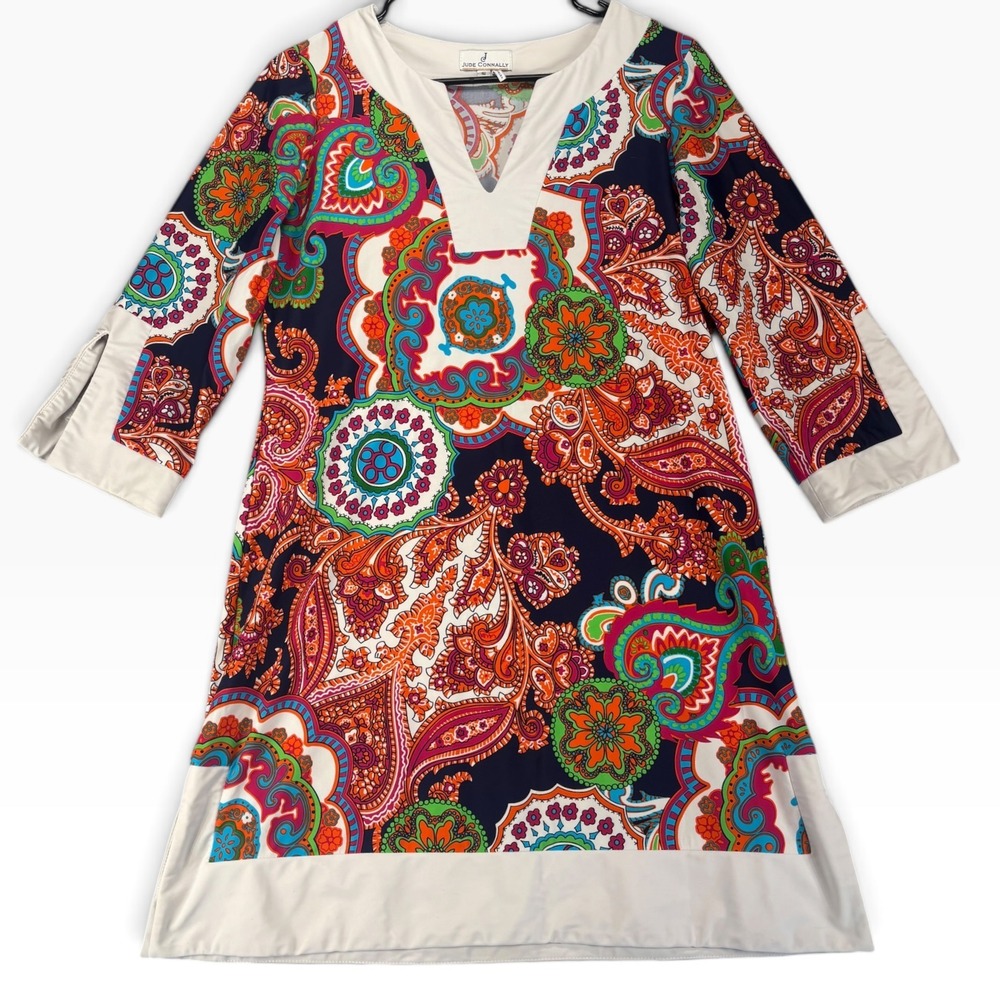 Jude Connally Holly Tunic Dress Womens S Paisley Navy Mod Shift USA Retro Resort